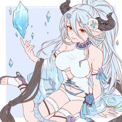 Rule 34 | 1girl, blue hair, breasts, draph, granblue fantasy, high heels, horns, ice crystal, izmir, izmir (summer) (granblue fantasy), large breasts, long hair, mole, mole under mouth, navel, pointy ears, ponytail, red eyes, sandals, solo, swimsuit