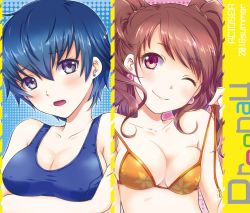 Rule 34 | 2girls, ;), asuma shin, bad id, bad pixiv id, bikini, blue eyes, blue hair, blue one-piece swimsuit, blush, breast rest, breasts, brown hair, cleavage, closed mouth, collarbone, covered erect nipples, earrings, floral print, head tilt, jewelry, kujikawa rise, long hair, medium breasts, multiple girls, one-piece swimsuit, one eye closed, orange bikini, persona, persona 4, print bikini, red eyes, school swimsuit, shirogane naoto, short hair, sideboob, smile, swimsuit, twintails, untied bikini, upper body