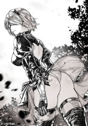 Rule 34 | 1girl, :/, arm at side, ass, black joa, blindfold, blurry, breasts, closed mouth, day, depth of field, dutch angle, from behind, gloves, greyscale, highres, large breasts, light smile, long sleeves, looking to the side, mole, mole under mouth, monochrome, nier (series), nier:automata, outdoors, puffy long sleeves, puffy sleeves, short hair, skirt, solo, thighhighs, twitter username, wedgie, wind, 2b (nier:automata)