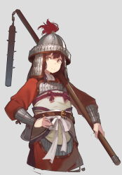 Rule 34 | 1girl, armor, brown hair, chinese armor, fangdan runiu, hand on own hip, helmet, holding, holding weapon, long hair, original, smile, soldier, solo, weapon, yellow eyes