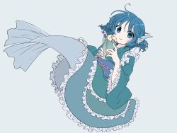 Rule 34 | 1girl, blue background, blue eyes, blue hair, blue sash, closed mouth, drill hair, drill sidelocks, fins, frilled kimono, frilled sleeves, frills, full body, green kimono, head fins, highres, holding ice cream scoop, ice cream scoop, japanese clothes, kimono, kneeless mermaid, light blush, long sleeves, mermaid, monster girl, obi, sash, sidelocks, simple background, smile, solo, touhou, wakasagihime, wide sleeves, ya (inkokatte)