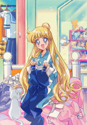 Rule 34 | 1girl, :d, aino minako, artemis (sailor moon), bishoujo senshi sailor moon, blonde hair, blue eyes, cat, highres, holding, holding clothes, long hair, open mouth, overalls, pajamas, smile, solo, striped clothes, striped pajamas, suzuki (2red moon3), sweatdrop, very long hair