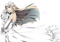 Rule 34 | 1girl, back, bouquet, bride, brown hair, dress, english text, flower, gloves, green eyes, gundam, gundam wing, jewelry, lips, long hair, looking at viewer, necklace, pearl necklace, rei (usabiba), relena peacecraft, rose, solo, wedding dress, white dress, white flower, white gloves, white rose