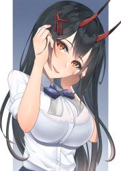 Rule 34 | 1girl, azur lane, black hair, blue skirt, blush, bra visible through clothes, breasts, chichikoucha, gloves, hair between eyes, hair ornament, hand on own ear, hand on own ear, highres, horns, large breasts, long hair, looking at viewer, oni horns, purple neckwear, red horns, see-through, shirt, shirt tucked in, simple background, single glove, skirt, solo, suzuya (azur lane), white shirt, yellow eyes