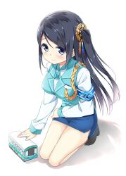 Rule 34 | 1girl, armband, artist request, black footwear, black hair, blue skirt, blue vest, character request, collared shirt, highres, krt girls, long hair, long sleeves, looking at viewer, one side up, parted bangs, seiza, shirt, sitting, skirt, smile, solo, source request, tagme, upper body, vest, xiao qiong