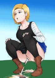 Rule 34 | 1girl, @ @, absurdres, android 18, bandaged arm, bandages, belt, biku, black panties, black pantyhose, black shirt, blonde hair, blue eyes, blue skirt, blue sky, boots, breasts, brown footwear, clothes lift, clothes pull, collarbone, day, dragon ball, dragonball z, female focus, full body, half-closed eyes, hands on own knees, highres, miniskirt, open mouth, outdoors, panties, panty pull, pantyhose, pantyhose pull, peeing, pencil skirt, puddle, pussy, reflection, shirt, short hair, simple background, skirt, skirt lift, sky, sleeveless, sleeveless shirt, small breasts, solo, squatting, sweat, tank top, uncensored, underwear