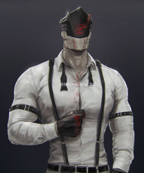 Rule 34 | 1boy, bara, belt, black bow, black bowtie, black gloves, bow, bowtie, clothed robot, commentary, gloves, highres, large pectorals, male focus, muscular, muscular male, original, pectorals, reddokkaebe, robot, shirt, solo, suspenders, white shirt