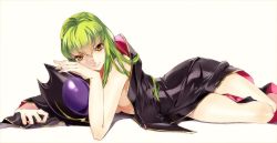 Rule 34 | 1girl, breasts, c.c., cape, code geass, green hair, hair between eyes, hand on own cheek, hand on own face, helmet, lips, long hair, looking at viewer, lying, medium breasts, meimi k, naked cape, nude, on side, simple background, smile, solo, white background, yellow eyes, zero (code geass)