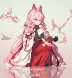 Rule 34 | 1girl, animal ear fluff, animal ears, arknights, bird, cape, chinese commentary, closed mouth, commentary request, crossed bangs, dated, full body, head rest, highres, long hair, long skirt, looking at animal, looking down, pink eyes, pink hair, pozyomka (arknights), red skirt, reflection, reflective floor, signature, skirt, solo, very long hair, white bird, white cape, zhutongfan