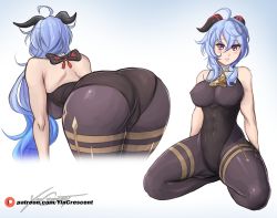 Rule 34 | 1girl, absurdres, ahoge, ass, bare shoulders, bent over, blue hair, blush, bodysuit, breasts, cameltoe, from behind, ganyu (genshin impact), genshin impact, goat horns, highres, horns, huge ass, large breasts, leaning, leaning forward, leotard, long hair, looking at viewer, pantyhose, parted lips, red eyes, shiny clothes, shiny skin, sideboob, smile, solo, thick thighs, thighs, very long hair, yincrescent