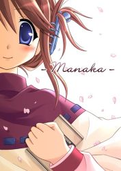 Rule 34 | 00s, 1girl, amasawa natsuhisa, blue eyes, blush, book, character name, close-up, folded ponytail, hair between eyes, hair ornament, hairclip, holding, holding book, komaki manaka, long sleeves, petals, pink hair, short hair, simple background, smile, solo, to heart (series), to heart 2, white background