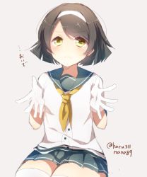 Rule 34 | 10s, 1girl, blue skirt, brown hair, gloves, green eyes, hairband, harusawa, kantai collection, looking at viewer, neckerchief, pleated skirt, sailor collar, school uniform, serafuku, short hair, simple background, skirt, solo, tanikaze (kancolle), thighhighs, twitter username, white background, white gloves, white thighhighs