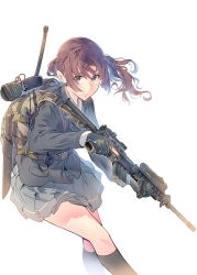 Rule 34 | 1girl, assault rifle, backpack, bag, brown hair, camouflage, daito, foregrip, gloves, gun, hair ornament, hairclip, headset, headset removed, holding, holding gun, holding weapon, machete, military, original, partially fingerless gloves, ponytail, rifle, school uniform, sheath, sheathed, solo, trigger discipline, weapon, white background