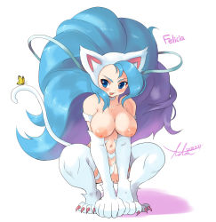 Rule 34 | 1girl, all fours, animal ears, big hair, blue eyes, blue hair, breasts, bug, butterfly, capcom, cat ears, cat tail, felicia (vampire), full body, fur, highres, insect, long hair, matching hair/eyes, nipples, simple background, slit pupils, solo, tail, thighhighs, tongue, tongue out, vampire (game)