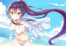 Rule 34 | 1girl, bikini, black hair, blouse, blue sky, blush, breasts, cloud, cloudy sky, day, hair between eyes, highres, hizaka, kantai collection, long hair, looking at another, looking at viewer, medium breasts, ocean, open clothes, open shirt, outdoors, ponytail, red eyes, shirt, sky, smile, solo, swimsuit, very long hair, white bikini, white shirt, yahagi (kancolle)
