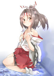 Rule 34 | 10s, 1girl, brown eyes, brown hair, full body, headband, highres, japanese clothes, kanabun, kantai collection, long hair, ponytail, solo, undressing, zuihou (kancolle)