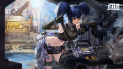 Rule 34 | 1girl, armpits, bare shoulders, belt, bent over, black gloves, black shirt, black skirt, blue hair, breasts, closed mouth, cobalt-b (tower of fantasy), crop top, day, elbow gloves, engine, expressionless, gloves, goomrrat, hands up, highres, holding, long hair, looking down, medium breasts, midriff, miniskirt, multicolored hair, navel, official art, orange eyes, outdoors, over-rim eyewear, ribbed shirt, semi-rimless eyewear, shirt, skirt, sleeveless, sleeveless shirt, solo, stomach, stomach tattoo, streaked hair, sunglasses, tattoo, thigh strap, thighs, tinted eyewear, tower of fantasy, twintails, two-tone hair, waist cape, wrench