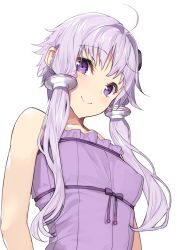 Rule 34 | 1girl, ahoge, bare shoulders, breasts, closed mouth, collarbone, commentary request, dress, hair intakes, hair ornament, highres, long hair, looking at viewer, purple dress, purple eyes, purple hair, sidelocks, simple background, small breasts, smile, solo, strapless, strapless dress, upper body, voiceroid, white background, yappen, yuzuki yukari