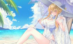 Rule 34 | 1girl, ahoge, artoria pendragon (all), artoria pendragon (fate), artoria pendragon (swimsuit ruler) (fate), artoria pendragon (swimsuit ruler) (second ascension) (fate), bare shoulders, beach, blonde hair, blue sky, blush, braid, breasts, cleavage cutout, clothing cutout, fate/grand order, fate (series), french braid, green eyes, hair between eyes, hair bun, hat, highleg, highleg swimsuit, highres, large breasts, long hair, looking at viewer, ocean, one-piece swimsuit, parasol, shore, sidelocks, sitting, sky, solo, sun hat, suzuho hotaru, swimsuit, thighs, umbrella, white hat, white one-piece swimsuit