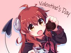 Rule 34 | 1girl, :d, black sailor collar, black serafuku, brown eyes, chocolate, commentary request, curled horns, demon girl, demon horns, demon tail, fang, food, gradient background, highres, holding, holding chocolate, holding food, horns, long hair, long sleeves, looking at viewer, machikado mazoku, n88 colpla, open mouth, pink background, red hair, red neckwear, sailor collar, school uniform, serafuku, skin fang, smile, solo, tail, upper body, valentine, yoshida yuuko (machikado mazoku)