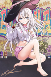 Rule 34 | 1girl, bare legs, barefoot, black hat, character name, closed mouth, elaina (majo no tabitabi), floating hair, grey eyes, hair between eyes, hat, highres, link say2, long hair, long sleeves, looking at viewer, majo no tabitabi, midriff, navel, pink shorts, short shorts, shorts, signature, silver hair, sitting, smile, solo, stomach, sweater, very long hair, white sweater, witch hat