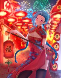 Rule 34 | 1girl, blue hair, braid, breasts, china dress, chinese clothes, cleavage, cleavage cutout, clothing cutout, dress, fireworks, highres, jinx (league of legends), league of legends, lipstick, long hair, looking at viewer, makeup, pink eyes, small breasts, smile, solo, standing, thighhighs, twin braids, twintails