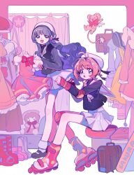 Rule 34 | 2girls, black footwear, black hair, black shirt, cardcaptor sakura, commentary, daidouji tomoyo, elbow pads, hat, highres, holding, holding clothes, kero (cardcaptor sakura), kinomoto sakura, knee pads, long hair, long sleeves, looking at viewer, multiple girls, open mouth, orange hair, pleated skirt, renzhi00334233, roller skates, sailor collar, school uniform, shirt, short hair, single elbow pad, single knee pad, skates, skirt, smile, symbol-only commentary, white sailor collar, white skirt