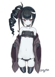 Rule 34 | 1girl, ancient destroyer oni, black gloves, black hair, black thighhighs, breasts, closed mouth, colored skin, drill hair, elbow gloves, gloves, glowing, goekawa, kantai collection, purple eyes, simple background, solo, stomach, thighhighs, white background, white skin