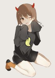 Rule 34 | 1girl, aioi yuuko, bird, black shirt, black sweater, brown eyes, brown hair, demon horns, fake horns, full body, hair between eyes, highres, horns, light brown hair, long sleeves, looking to the side, nichijou, no pants, one eye closed, orange socks, oversized clothes, rereliu, shirt, short hair, simple background, sitting, sleeves past fingers, sleeves past wrists, socks, solo, sweater, thighs, tongue, tongue out, wariza, white background