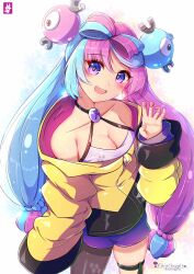 Rule 34 | 1girl, aqua hair, bow-shaped hair, breasts, character hair ornament, chinchongcha, cleavage, creatures (company), game freak, grey pantyhose, hair ornament, hexagon print, highres, iono (pokemon), jacket, long hair, low-tied long hair, medium breasts, multicolored hair, nintendo, oversized clothes, pantyhose, pink eyes, pink hair, pokemon, pokemon sv, sharp teeth, shirt, single leg pantyhose, sleeveless, sleeveless shirt, sleeves past fingers, sleeves past wrists, solo, teeth, twintails, two-tone hair, very long hair, very long sleeves, x, yellow jacket