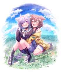 2girls, :d, ^ ^, ahoge, animal ear fluff, animal ears, bangs, black footwear, black legwear, black shirt, blush, braid, breasts, brown hair, cat ears, closed eyes, commentary request, crop top, day, dog ears, dress, eyebrows visible through hair, eyes closed, hair between eyes, hairband, hand up, highres, hololive, hug, hug from behind, inugami korone, ittokyu, jacket, knees up, long hair, long sleeves, medium breasts, midriff, multiple girls, navel, nekomata okayu, off shoulder, on grass, open clothes, open jacket, open mouth, outdoors, purple eyes, purple hair, purple hairband, sailor collar, shirt, shoes, short shorts, shorts, signature, sleeves past wrists, smile, socks, twin braids, virtual youtuber, white dress, white sailor collar, white shorts, yellow jacket