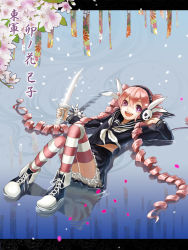 Rule 34 | 1girl, absurdly long hair, akizuno, blush, drill hair, full body, holding, holding sword, holding weapon, long hair, looking at viewer, lying, on back, open mouth, pink hair, purple eyes, red thighhighs, smile, solo, striped clothes, striped thighhighs, sword, thighhighs, touran-sai, translation request, twin drills, very long hair, weapon, white thighhighs