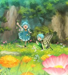 Rule 34 | &gt; &lt;, 2girls, antennae, aqua hair, blue bow, blue dress, blue hair, blush stickers, bow, brown footwear, butterfly wings, cirno, closed eyes, detached wings, dress, eternity larva, fairy, flower, green dress, hair between eyes, hair bow, highres, ice, ice wings, ikusi, insect wings, leaf, leaf on head, morning glory, multicolored clothes, multicolored dress, multiple girls, open mouth, pink flower, round teeth, shirt, shoes, short hair, short sleeves, single strap, smile, sunflower, tanned cirno, teeth, touhou, tree, upper teeth only, white flower, white shirt, wide shot, wings, yellow flower