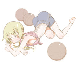 Rule 34 | 1girl, ass, ball, basketball, basketball (object), blonde hair, blush, breasts, female focus, highres, ichii yui, large breasts, long hair, looking at viewer, lying, on stomach, sakuya tsuitachi, shorts, sketch, solo, tank top, twintails, yellow eyes, yuyushiki