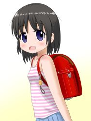 Rule 34 | 1girl, backpack, bag, black hair, blue eyes, blue skirt, blush, bookbag, breasts, chii (pixiv2956609), collarbone, crime prevention buzzer, gradient background, highres, looking at viewer, open mouth, pink shirt, randoseru, shirt, short hair, skirt, small breasts, smile, standing, striped clothes, striped shirt, tank top, two-tone background, white background, yellow background
