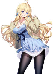 Rule 34 | 1girl, ahoge, black pantyhose, blonde hair, blue dress, blue eyes, blue ribbon, braid, breasts, brown jacket, cleavage, collarbone, commentary request, dress, hair ribbon, highres, jacket, large breasts, long hair, long sleeves, looking at viewer, open clothes, open jacket, original, pantyhose, pinching sleeves, puffy long sleeves, puffy sleeves, ribbon, ririko (zhuoyandesailaer), saegusa futaba, simple background, sleeves past wrists, solo, standing, very long hair, white background
