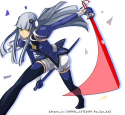 Rule 34 | 1girl, akane (ar tonelico), ar tonelico, ar tonelico iii, blue thighhighs, boots, detached sleeves, gloves, grey hair, gust, hair ornament, long hair, shorts, solo, sword, tetsu (kimuchi), thigh boots, thighhighs, weapon, yellow eyes, zettai ryouiki