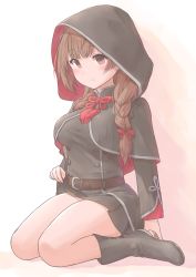 Rule 34 | 1girl, belt, black hoodie, blush, boots, braid, breasts, brown belt, brown eyes, brown hair, buttons, capelet, clothes lift, commentary request, dress, dress lift, full body, hair ribbon, highres, hood, hoodie, kantai collection, large breasts, legs, long hair, long sleeves, looking at viewer, medium breasts, red hood, red hoodie, red ribbon, ribbon, shinshuu maru (kancolle), simple background, sitting, skirt, skirt lift, solo, thighs, tress ribbon, twin braids, wamu (chartreuse), wariza