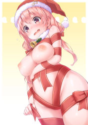 Rule 34 | 10s, 1girl, bell, blush, bow, braid, breasts, cleavage, cowboy shot, dutch angle, embarrassed, flying sweatdrops, fur collar, fur trim, hair between eyes, hair bow, hat, highres, hinako note, holding, holding ribbon, kasehk, large breasts, long hair, looking down, low twintails, naked ribbon, navel, nipples, nose blush, pink eyes, pink hair, red bow, red ribbon, ribbon, sakuragi hinako, santa hat, side braid, solo, sweat, tearing up, tears, thick thighs, thighs, twintails, underboob, wavy mouth