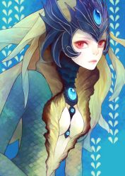 Rule 34 | 1girl, between breasts, breasts, center opening, forehead jewel, heather37, helmet, highres, league of legends, long hair, looking at viewer, mermaid, monster girl, nami (league of legends), red eyes, scales, solo