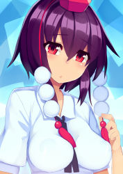 Rule 34 | 1girl, blue background, blush, breasts, covered erect nipples, hat, looking at viewer, medium breasts, mikan (bananoha), pom pom (clothes), puffy sleeves, purple hair, red eyes, shameimaru aya, shirt, short hair, short sleeves, solo, string, tokin hat, touhou, upper body