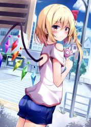 Rule 34 | 1girl, alternate costume, ass, bare shoulders, blonde hair, blue sky, blush, breasts, building, casual, city, clothing cutout, cloud, commentary request, contemporary, cowboy shot, crystal, day, denim, denim shorts, dutch angle, flandre scarlet, hair between eyes, hair ribbon, hands up, highres, holding, hyurasan, looking at viewer, looking back, medium breasts, no headwear, no headwear, one side up, outdoors, red eyes, red ribbon, ribbon, shirt, short hair, short shorts, short sleeves, shorts, shoulder cutout, sky, solo, standing, thighs, touhou, tree, white shirt, wings