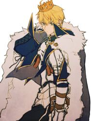 Rule 34 | 1boy, armor, arthur pendragon (fate), blonde hair, blue cape, breastplate, cape, closed mouth, crown, fate/grand order, fate (series), fur-trimmed cape, fur trim, green eyes, looking at viewer, male focus, pauldrons, sangzhujun, short hair, shoulder armor, simple background, solo, upper body, white background