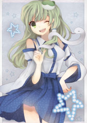 Rule 34 | 1girl, bad id, bad pixiv id, detached sleeves, female focus, framed, frog hair ornament, green eyes, green hair, hair ornament, highres, kawachi rin, kochiya sanae, long hair, long sleeves, looking at viewer, matching hair/eyes, one eye closed, open mouth, outside border, sash, shirt, skirt, smile, snake hair ornament, solo, star (symbol), touhou, wide sleeves, wink