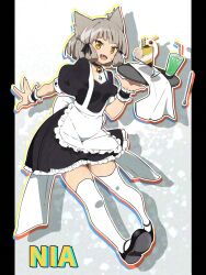 Rule 34 | 1girl, alternate costume, animal ears, apron, bell, black choker, black footwear, cat ears, character name, choker, core crystal (xenoblade), dress, drink, drinking straw, enmaided, facial mark, frilled bracelet, frilled dress, frills, grey hair, highena, highres, holding, holding tray, maid, maid apron, mary janes, medium hair, neck bell, nia (xenoblade), open mouth, outstretched arm, parfait, puffy sleeves, shoes, solo, thighhighs, tray, white thighhighs, xenoblade chronicles (series), xenoblade chronicles 2, yellow eyes