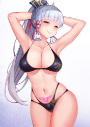 Rule 34 | 1girl, absurdres, alternate eye color, armpits, arms behind head, arms up, ayaka (genshin impact), bikini, black bikini, blush, breasts, chiin, cleavage, closed mouth, collarbone, commentary request, corruption, cowboy shot, dark persona, genshin impact, gradient background, hair ribbon, half-closed eyes, highres, large breasts, long hair, looking at viewer, mixed-language commentary, navel, pink eyes, pink ribbon, ponytail, pubic tattoo, ribbon, silver hair, smile, smug, solo, stomach, swimsuit, tattoo, tress ribbon, very long hair, white background