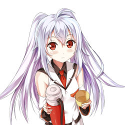Rule 34 | 10s, 1girl, :&lt;, ahoge, blush, colored eyelashes, detached sleeves, employee uniform, isla (plastic memories), long hair, necktie, phanc, plastic memories, red eyes, silver hair, solo, thermos, twintails, uniform, white background