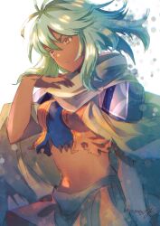 Rule 34 | 1girl, armor, breasts, closed mouth, dark-skinned female, dark skin, emerada (xenogears), green hair, highres, long hair, medium breasts, midriff, miyama (lacrima01), navel, pauldrons, scarf, shoulder armor, signature, simple background, skirt, solo, torn clothes, white background, xenogears, yellow eyes
