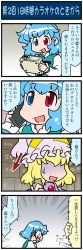 Rule 34 | 4koma, artist self-insert, blonde hair, blue eyes, blue hair, box, cellphone, closed eyes, comic, commentary request, emphasis lines, gradient background, hat, heterochromia, hidden eyes, highres, holding, holding phone, juliet sleeves, long sleeves, mizuki hitoshi, open mouth, phone, projector, puffy sleeves, red eyes, shaded face, short hair, smartphone, smile, surprised, sweatdrop, tatara kogasa, touhou, translation request, vest, yakumo ran