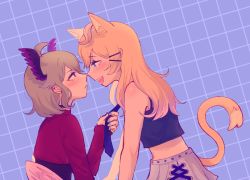 Rule 34 | 2girls, ahoge, alternate hair length, alternate hairstyle, animal ears, black shirt, blonde hair, blouse, blush, cat ears, cat girl, commentary, english commentary, enna alouette, eye contact, face-to-face, from side, head wings, highres, icedsoup, long hair, long sleeves, looking at another, midriff, millie parfait, multiple girls, navel, necktie, necktie grab, neckwear grab, nijisanji, nijisanji en, noses touching, open mouth, piercing, red shirt, shirt, sleeveless, sleeveless shirt, smile, virtual youtuber, wings, yuri